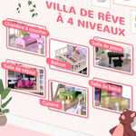 Maison de poupée en Bois Jeu d'imitation 4 Étages pour 3+ ans avec 13 Accessoires Grand réalisme Multi-équipement 60L x 30l x 80H cm Blanc et Rose