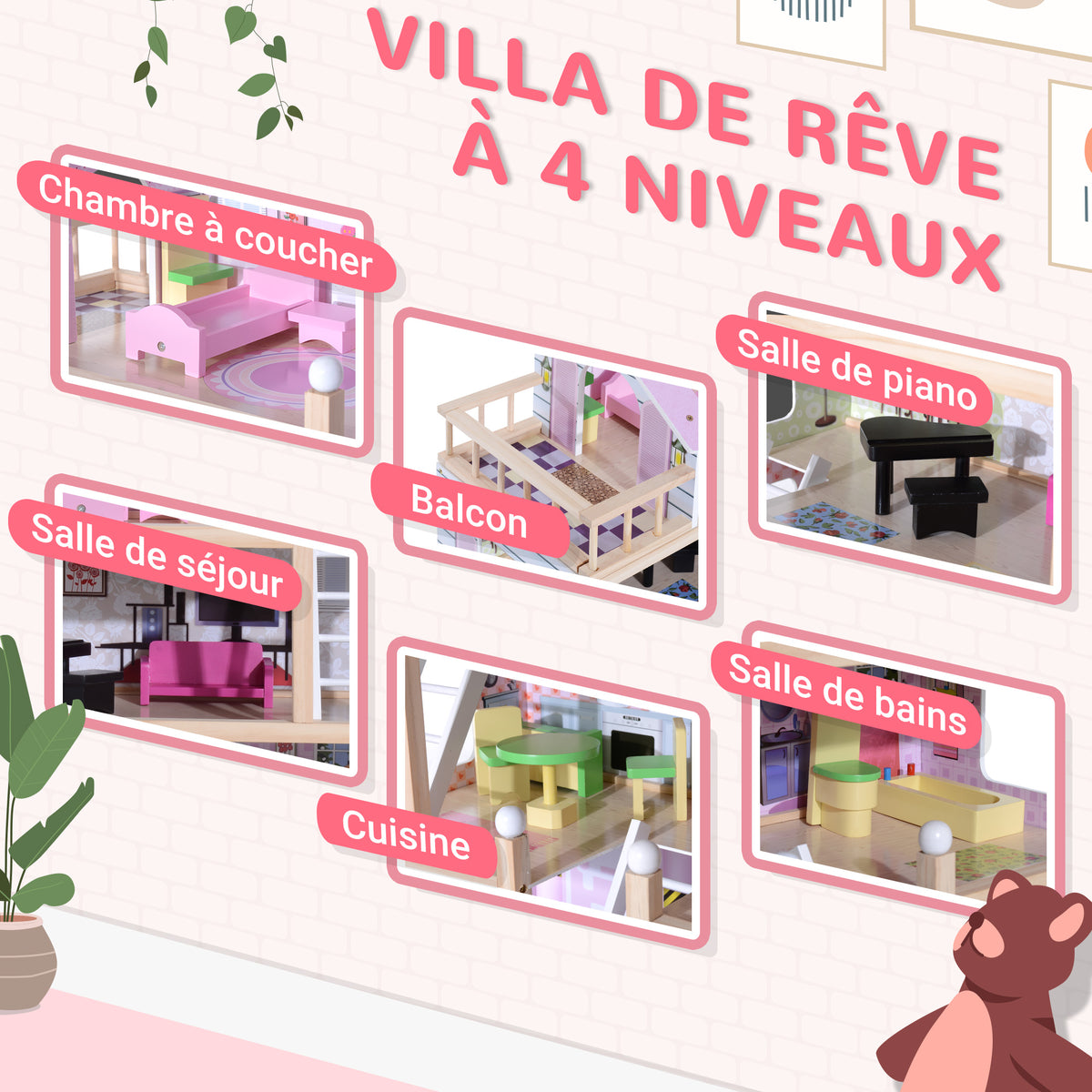 Maison de poupée en Bois Jeu d'imitation 4 Étages pour 3+ ans avec 13 Accessoires Grand réalisme Multi-équipement 60L x 30l x 80H cm Blanc et Rose