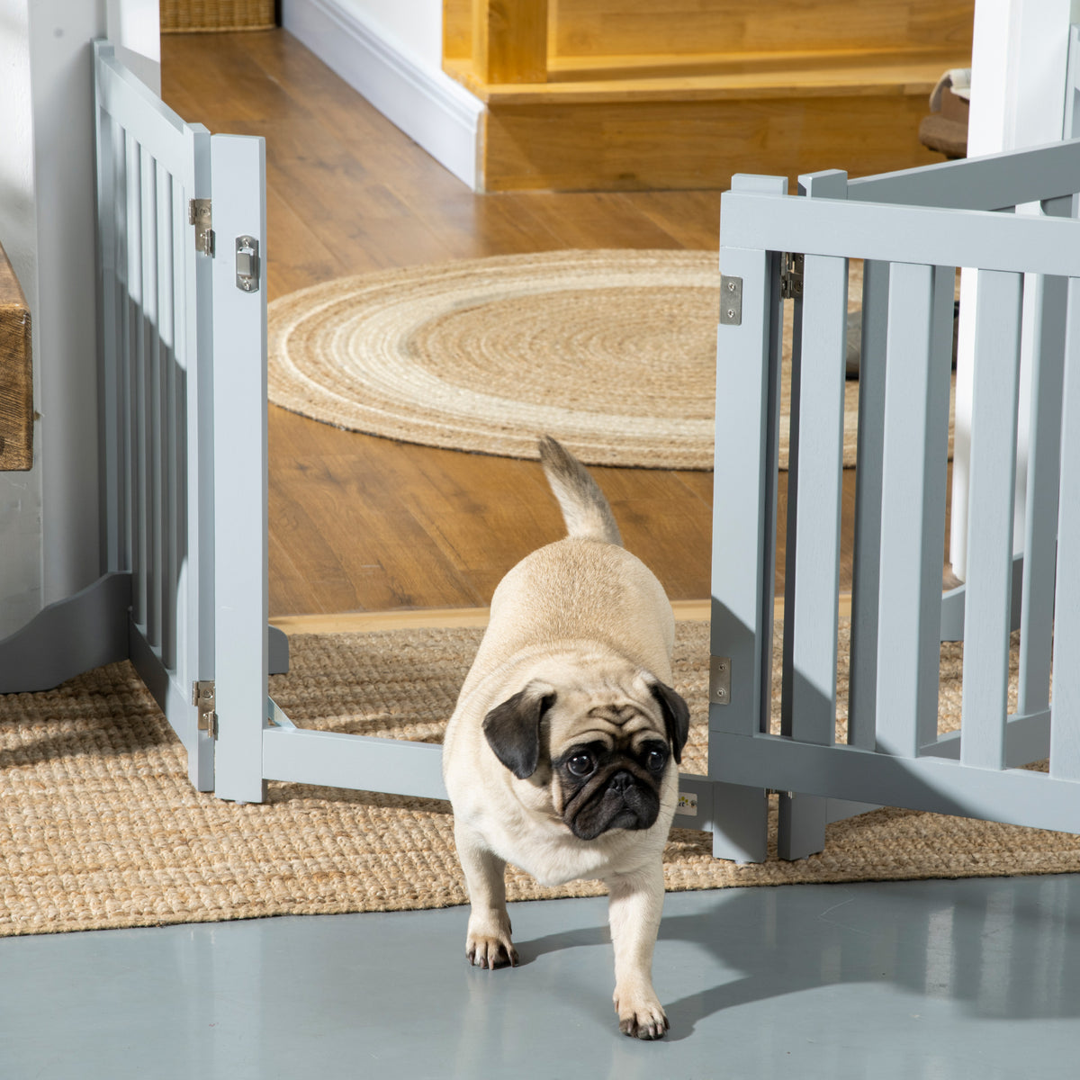 Barrière de Sécurité Chien Pliable Double Face en Bois, 4 Panneaux avec Porte, Pieds de Support, 205 x 60 cm, Gris