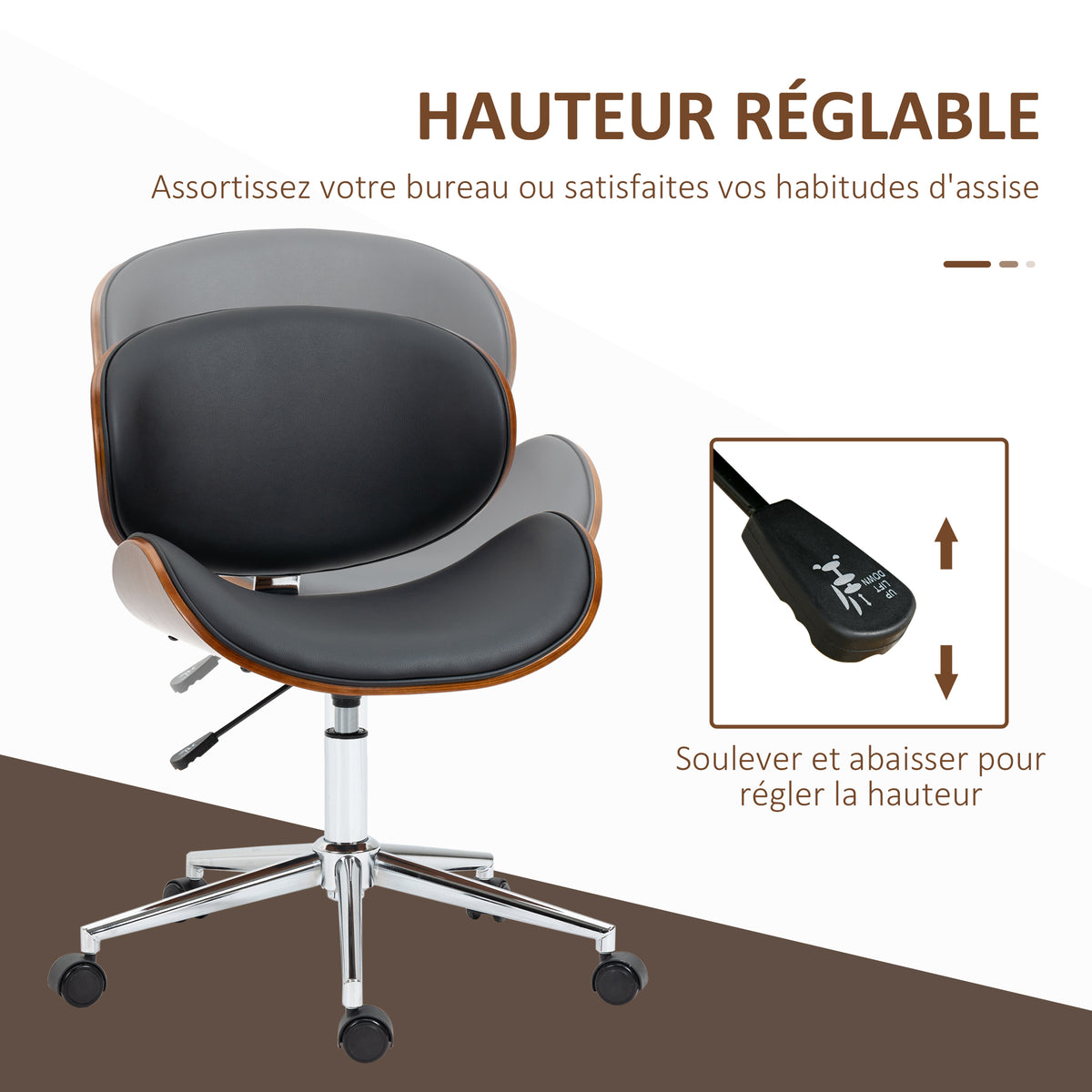 Chaise de bureau design vintage hauteur réglable pivotant 360° bois peuplier revêtement synthétique 53 x 53 x 77-87 cm