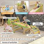 Triangle d'escalade enfants 8 en 1 avec rampe double face, arc d'escalade en bois avec toboggan & échelle, vert