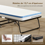 Lit pliant 1 personne 200 x 80 cm avec matelas, lit d'appoint pliable et portable sur roulettes, cadre en acier, blanc