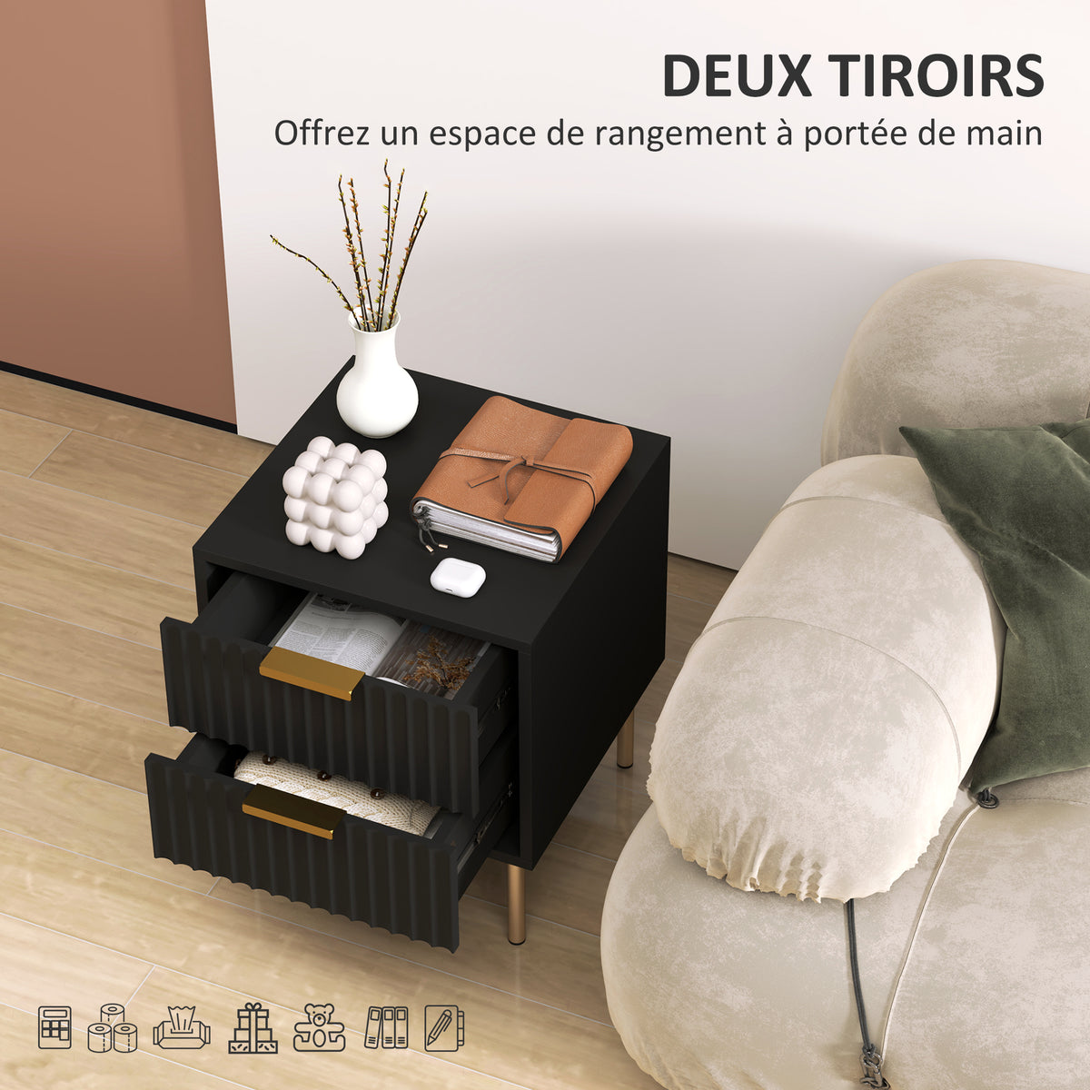 Mesita de noche, mesa de noche acanalada con 2 cajones y patas de acero, para dormitorio, salón, negro