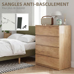 Commode 4 tiroirs meuble de rangement sans poignées design minimaliste 60 x 40 x 80 cm naturel