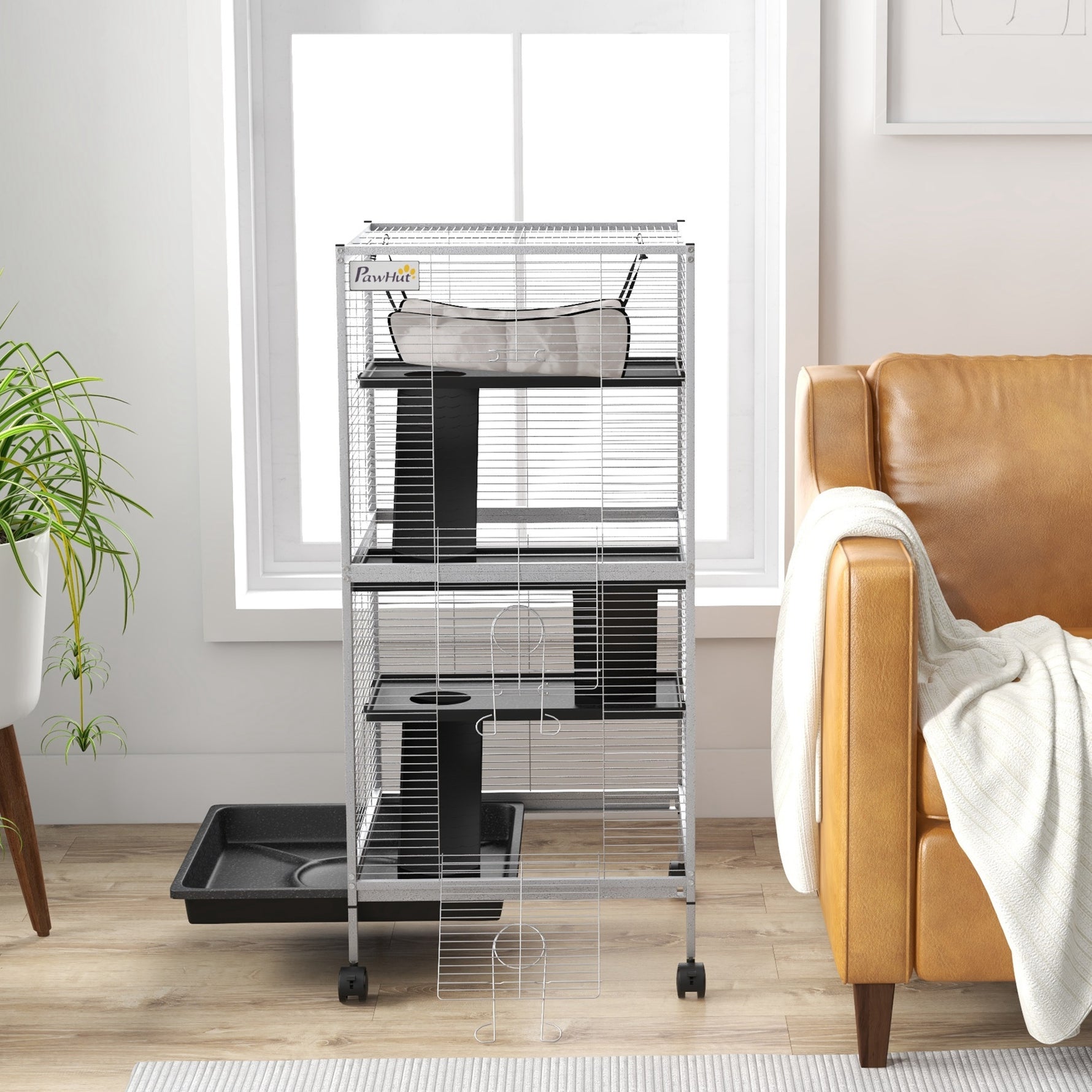 Cage pour Petits Animaux Portable à 4 Niveaux avec Roulettes, 2 Portes, 3 Rampes, Hamac et Plateau Amovible