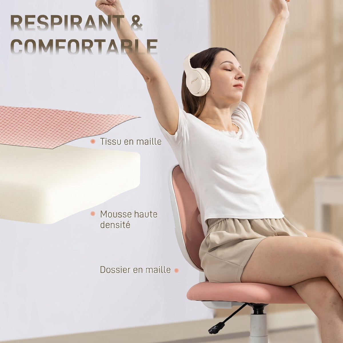 Chaise de Bureau Ergonomique sans Accoudoirs, Fauteuil de Bureau en Maille, Hauteur Réglable, Rose