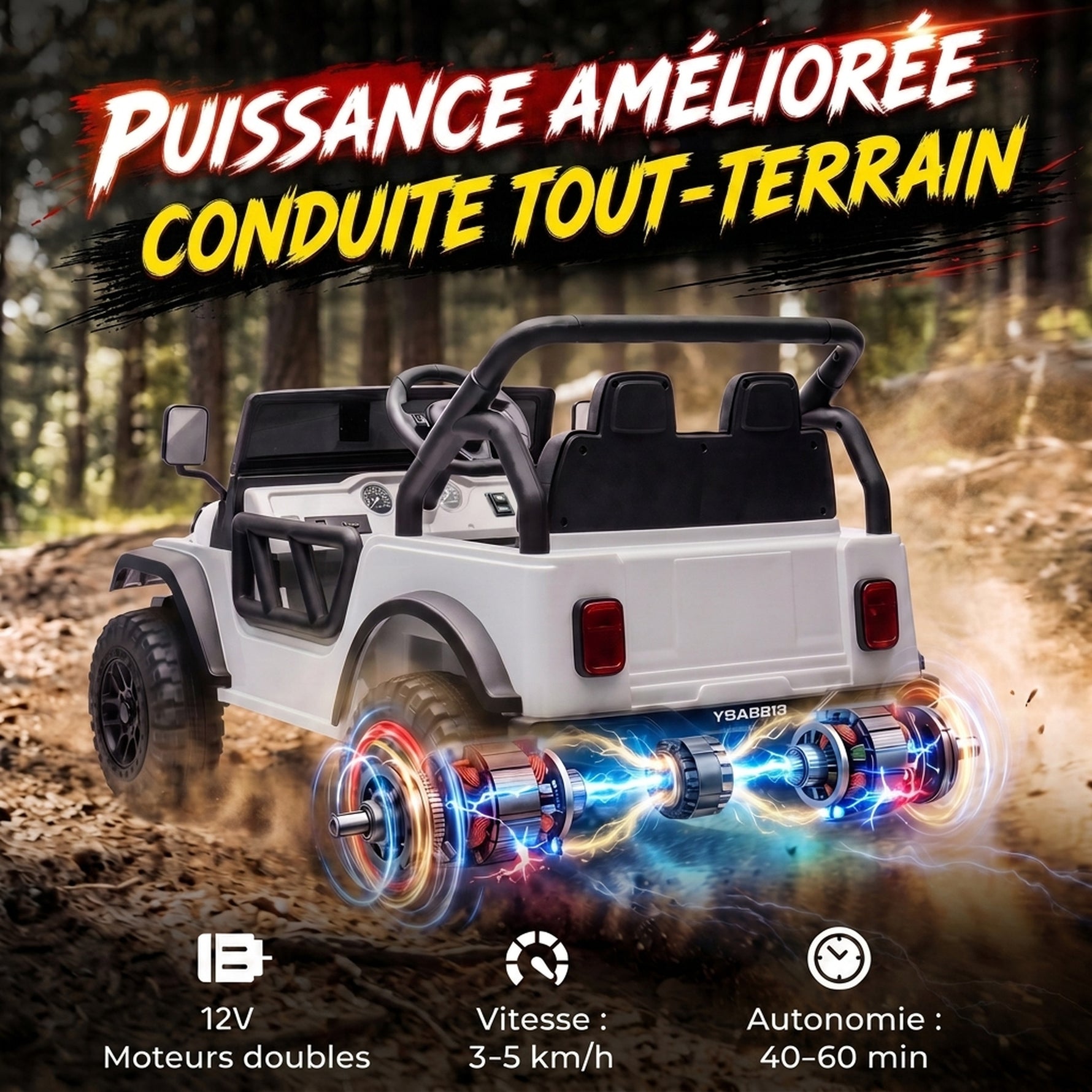 Voiture Électrique Enfants 12V, Buggy Électrique Enfants, 2 Moteurs, Télécommande 2,4G, Batterie Lithium, Blanc