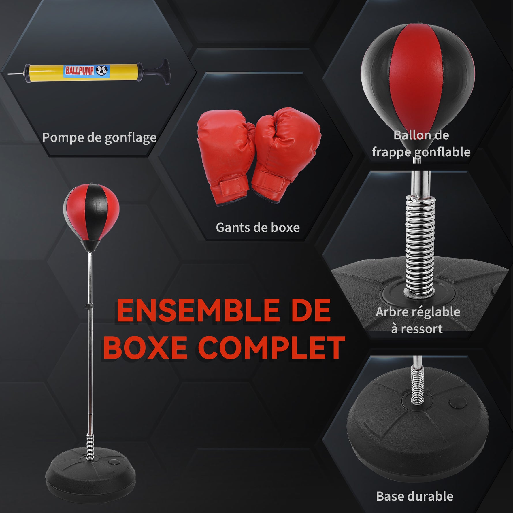 Sac de Frappe sur Pied Punching ball sur pied réglable en hauteur 126-144 cm avec gants, pompe et base de lestage pour adolescents et débutants noir et rouge