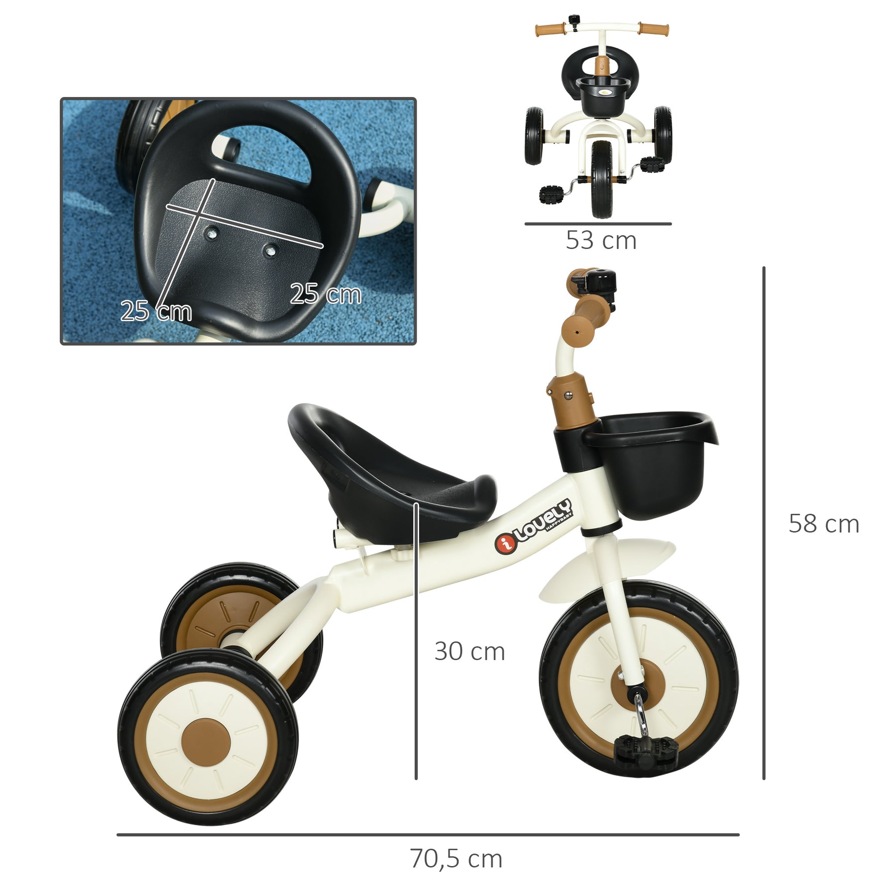 Tricycle enfants avec sonnette et panier selle réglable avec dossier - pour enfant de 2 à 5 ans blanc