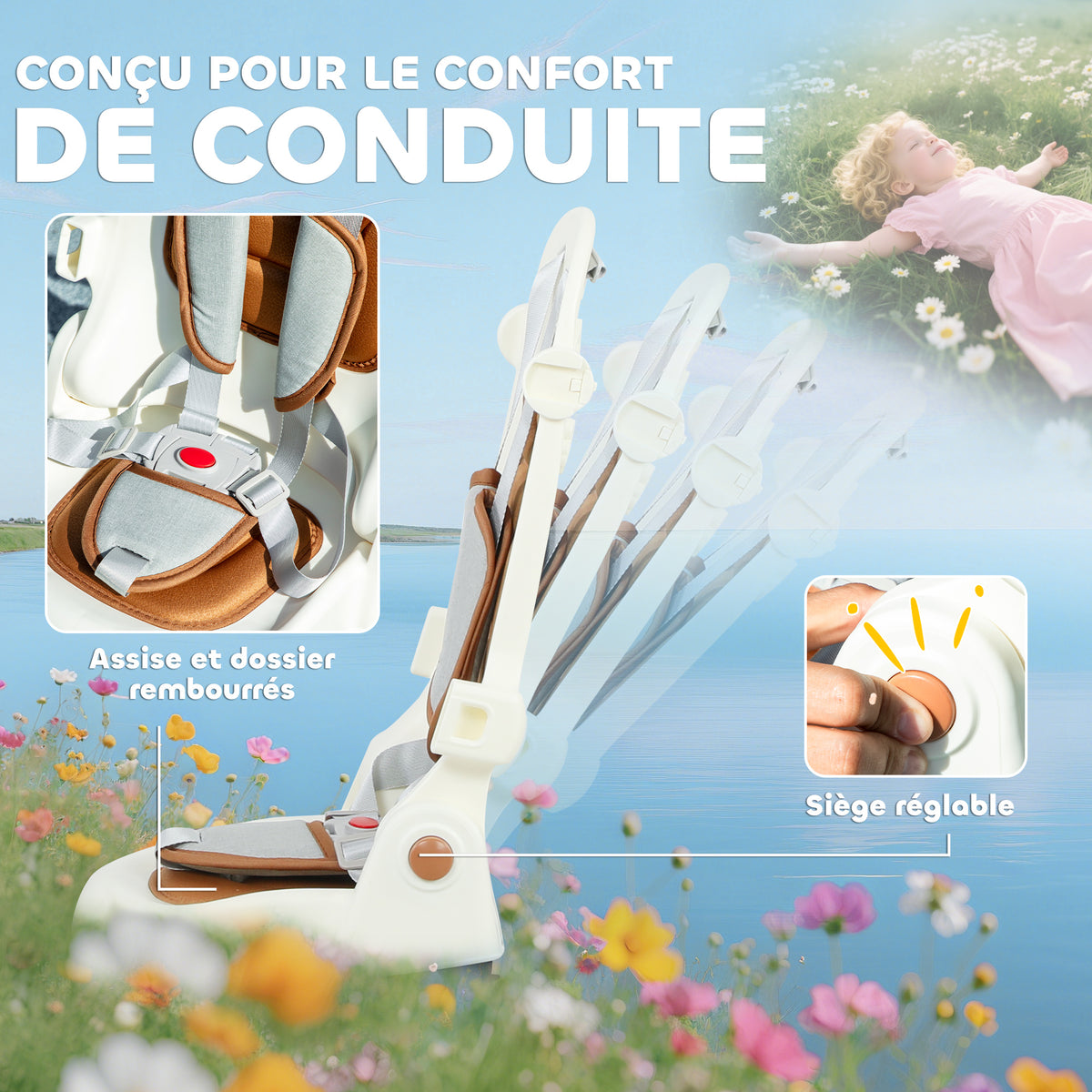 Tricycle bébé évolutif 5 en 1, tricycle enfant pliable avec poignée réglable, capote amovible, pour 1-3 ans, crème