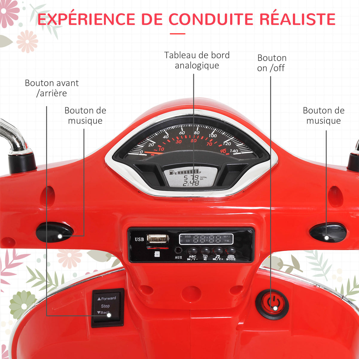 Vespa Scooter Moto électrique Enfants 6 V dim. 102L x 51l x 76H cm Musique MP3 Port USB klaxon Phare feu AR Rouge