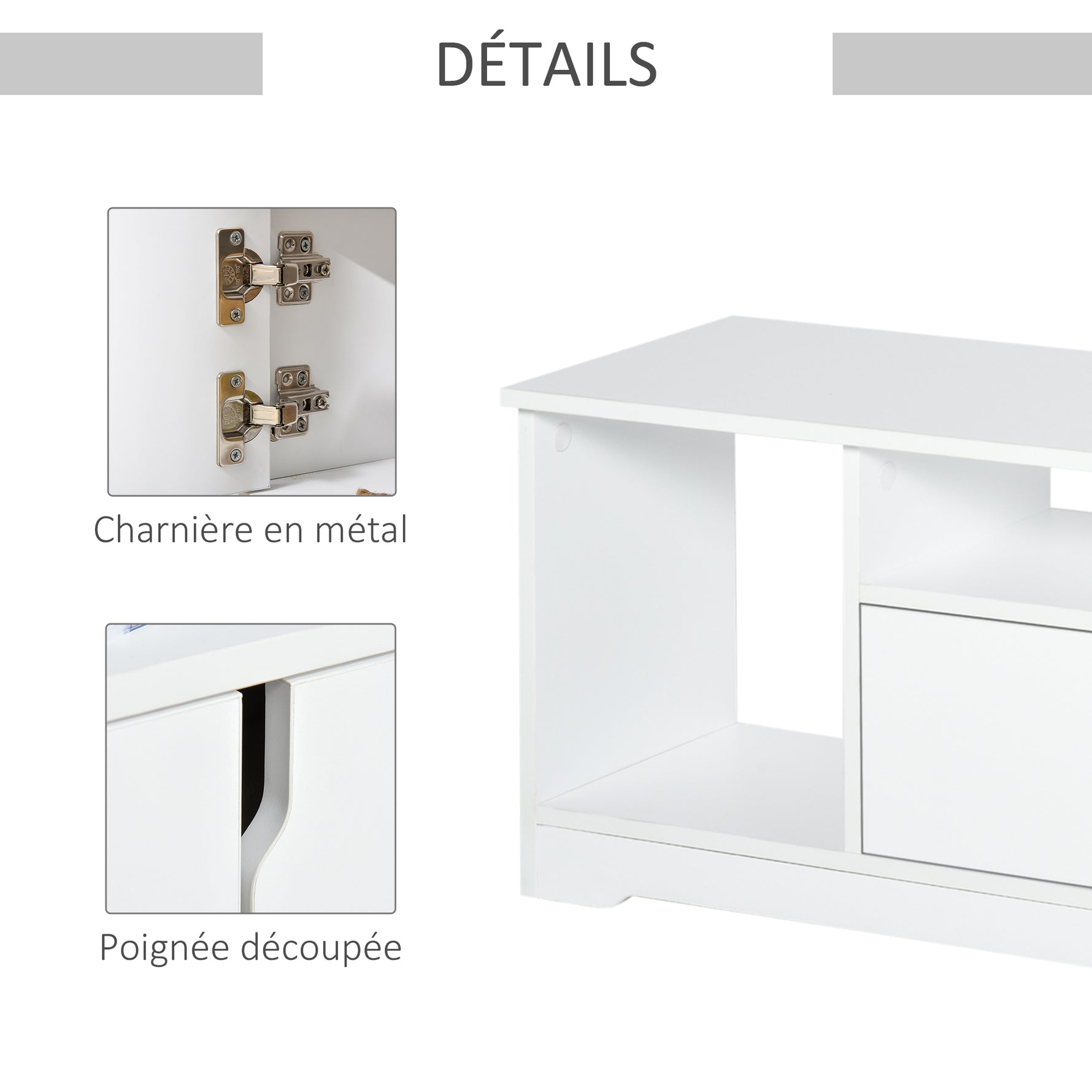 Meuble TV Banc TV Design Contemporain - 3 niches, Placard Double Porte - dim. 120L x 30l x 41H cm - Panneaux Particules Blanc