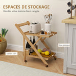 Desserte de cuisine en bambou chariot de service pliable 2 plateaux 4 roues 3 casiers à vin 66 x 40 x 70 cm bois naturel