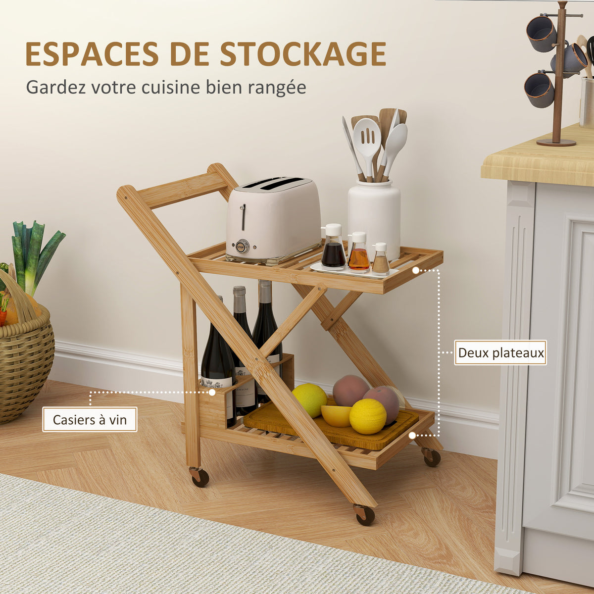 Desserte de cuisine en bambou chariot de service pliable 2 plateaux 4 roues 3 casiers à vin 66 x 40 x 70 cm bois naturel