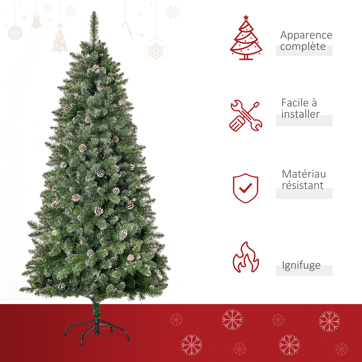 Sapin de Noël Artificiel Aspect enneigé 180H cm 50 Pommes de pin 718 Branches épines Imitation Nordmann Grand réalisme