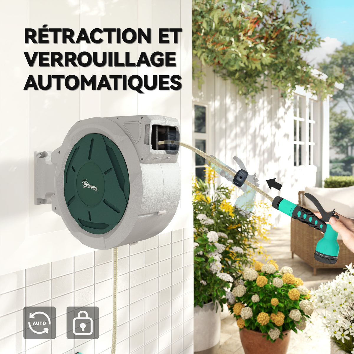 Enrouleur Tuyau Arrosage Mural 30 m x Ø 15 mm Dévidoir Automatique de Tuyaux d'Eau Rétractable Automatique gris