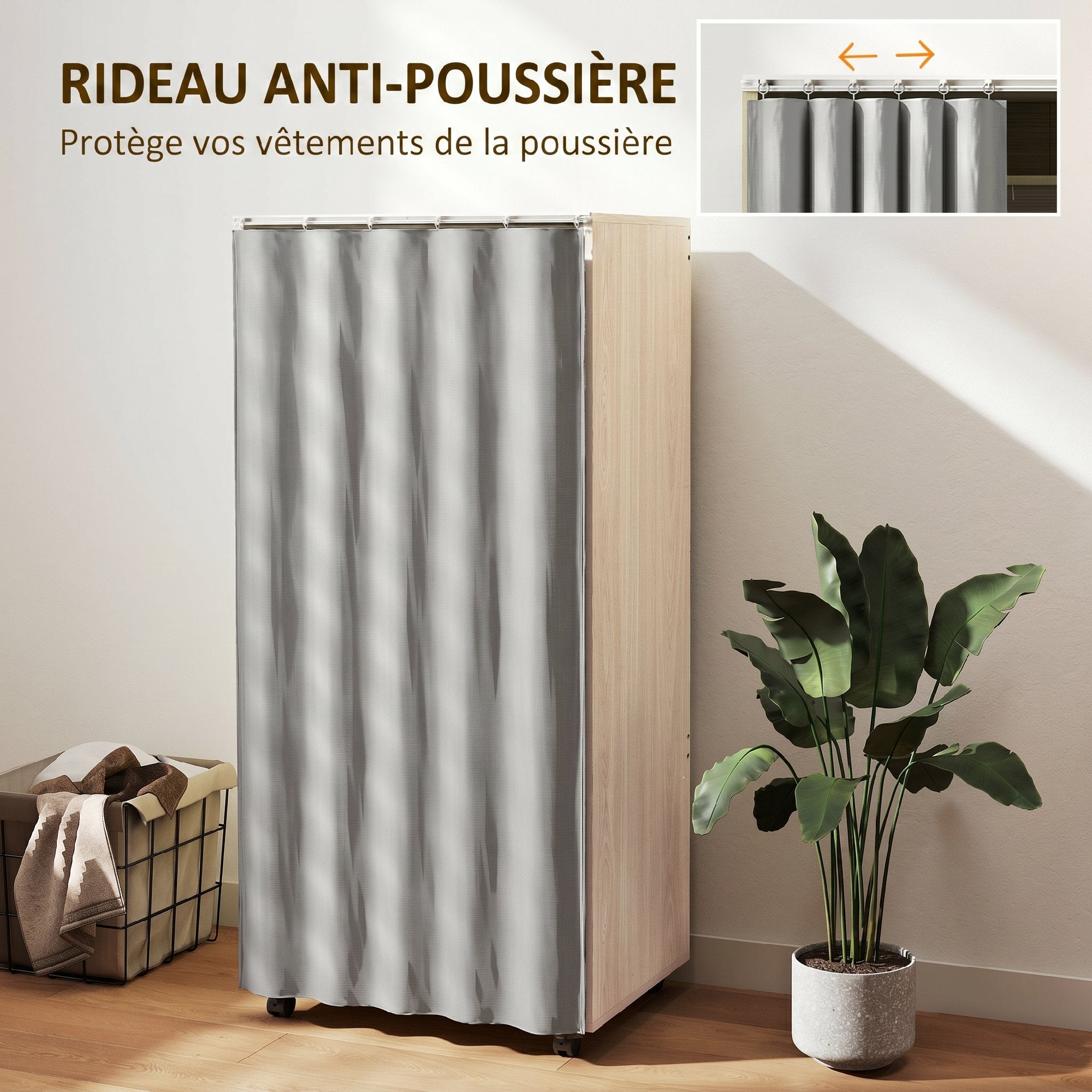 Armadio appendiabiti mobile con tenda, asta appendiabiti, 60 x 40 x 128 cm, effetto legno naturale
