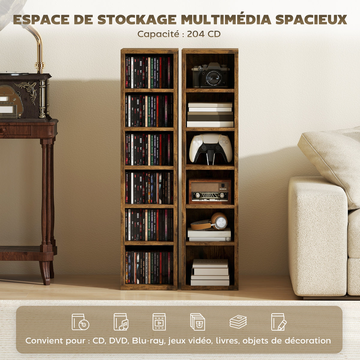 Set di 2 scaffali a colonna armadietto porta CD-DVD 12 scomparti 21 x 22,5 x 88,5 cm capacità 204 CD marrone