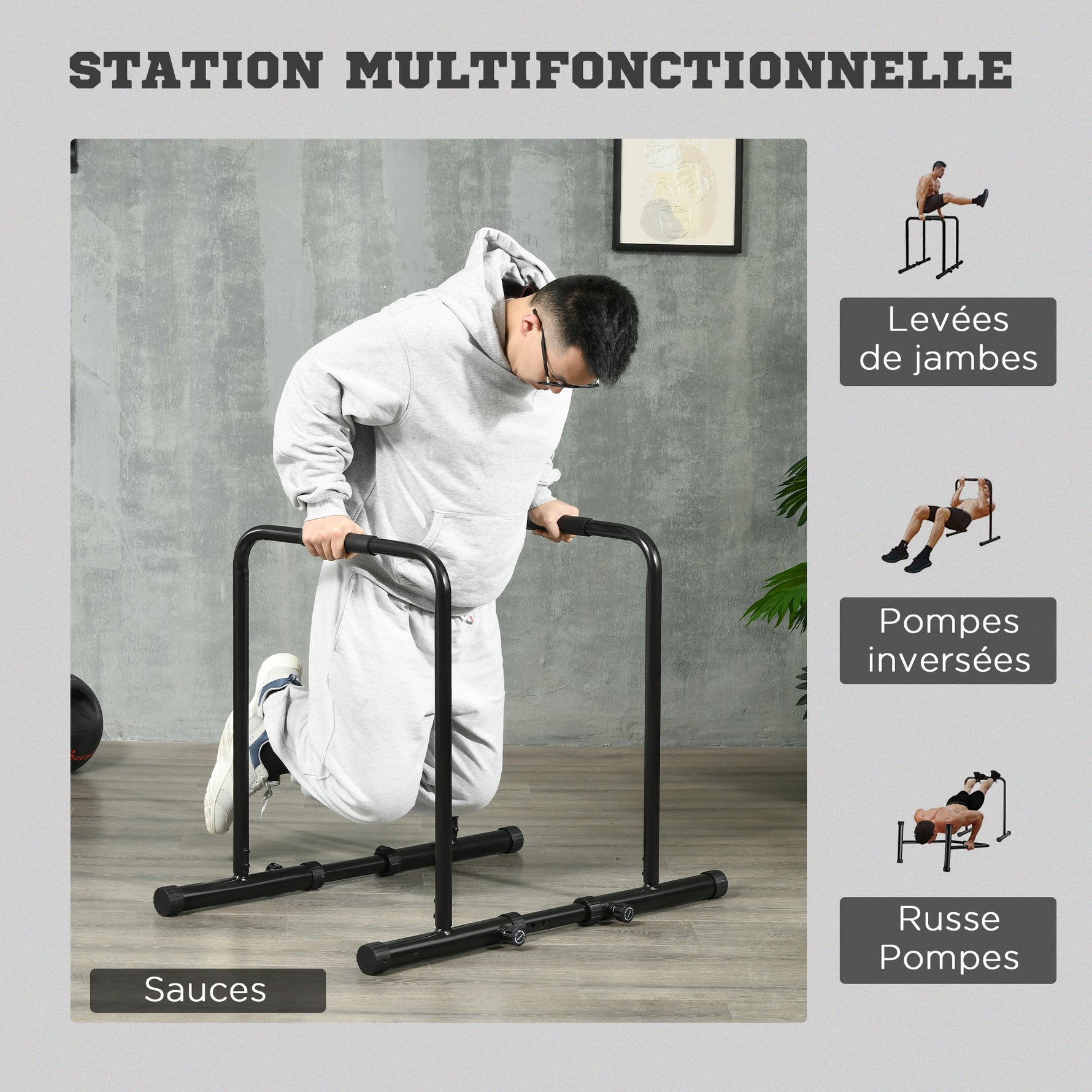 Dips Barre Parallèle Station de Musculation en Acier, Hauteur et Espacement Réglables, 90-102x65x80-90cm, Noir