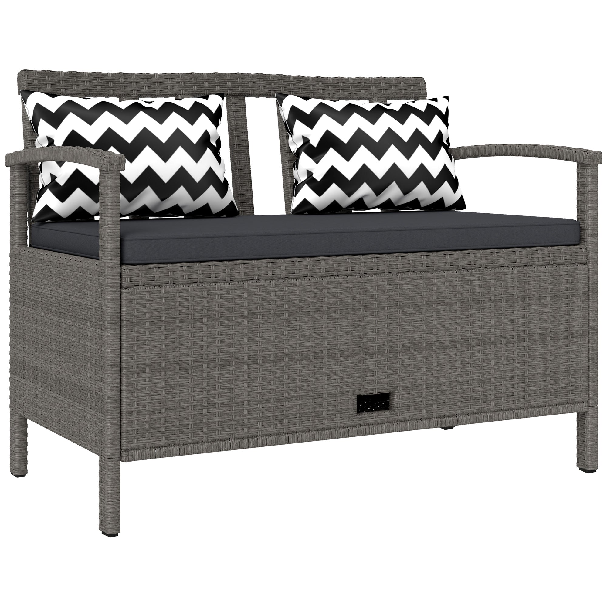 Panca da giardino a 2 posti con contenitore da 160L in rattan PE, con cuscino e 2 guanciali, 112 x 62 x 82 cm, grigio
