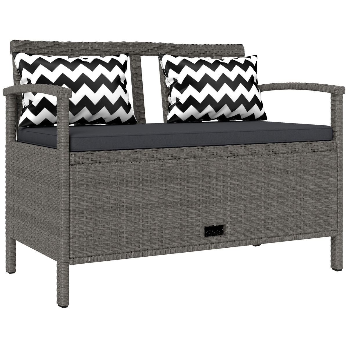 Gartenbank für 2 Personen, 160L Stauraumbank aus PE-Rattan mit Sitzkissen und 2 Kissen, 112 x 62 x 82 cm, Grau