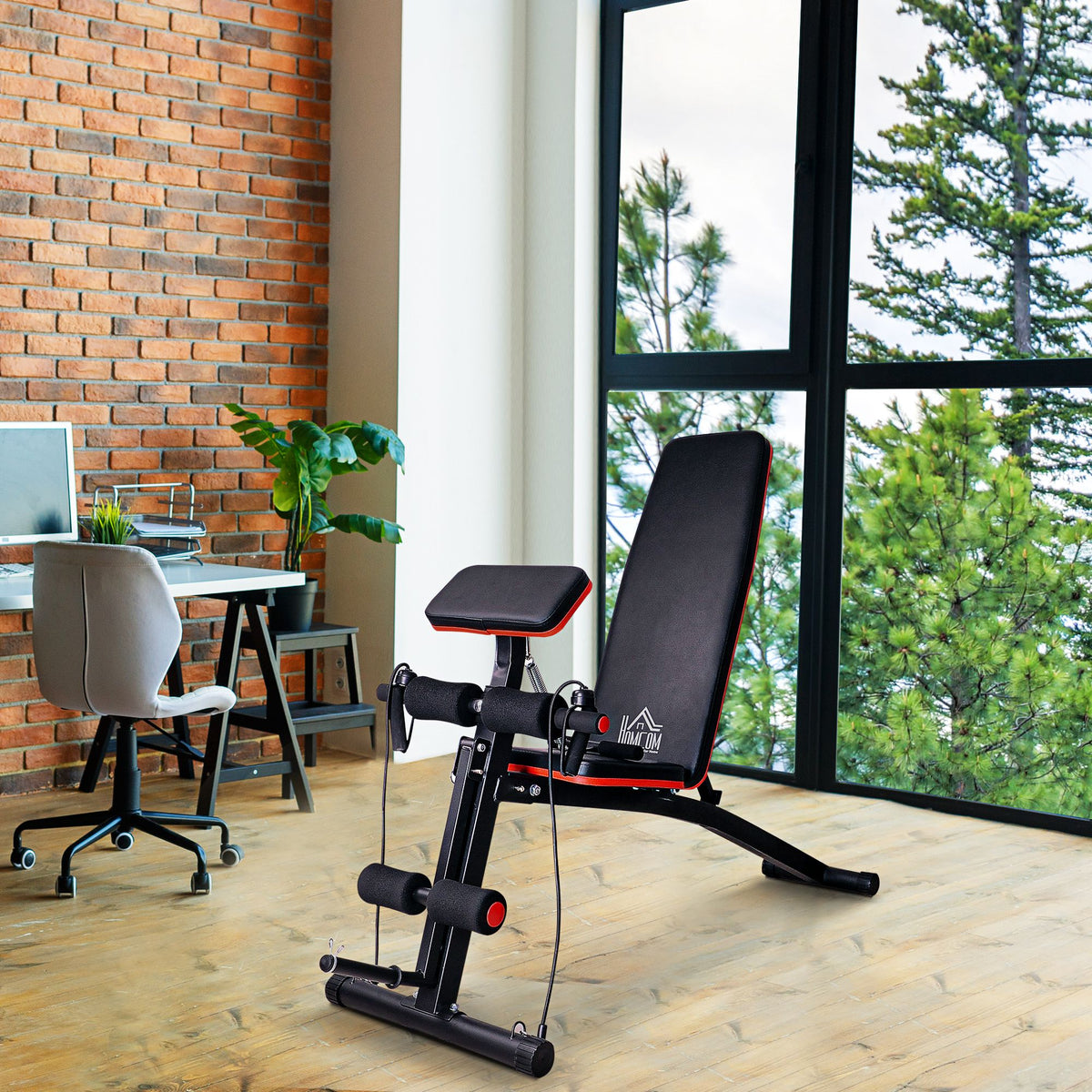 Klappbare, neigbare Hantelbank, verstellbare Bank für Bankdrücken, Bizeps-Curls, Rücken- und Bauchmuskeltraining, mit Beinstrecker, Stahl, schwarz-rot