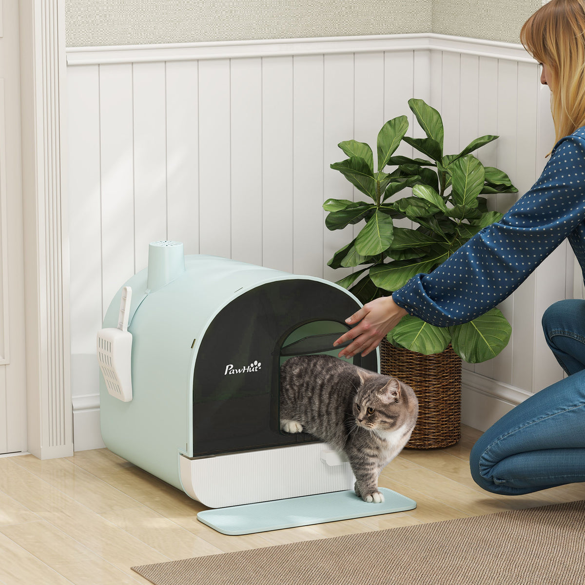 Maison de toilette pour chat avec tiroir amovible, bac à litière fermé avec tapis anti-trace, pelle, filtre anti-odeur et porte battante, nettoyage facile, 43 x 44 x 47 cm, vert