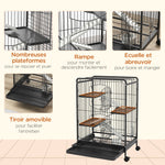 Jaula para roedores, jaula para animales pequeños con ruedas, 3 rampas, 3 plataformas, comedero y botella de agua, bandeja inferior extraíble para conejos, visones y chinchillas, acero PP, 61,5x44x95 cm, negra