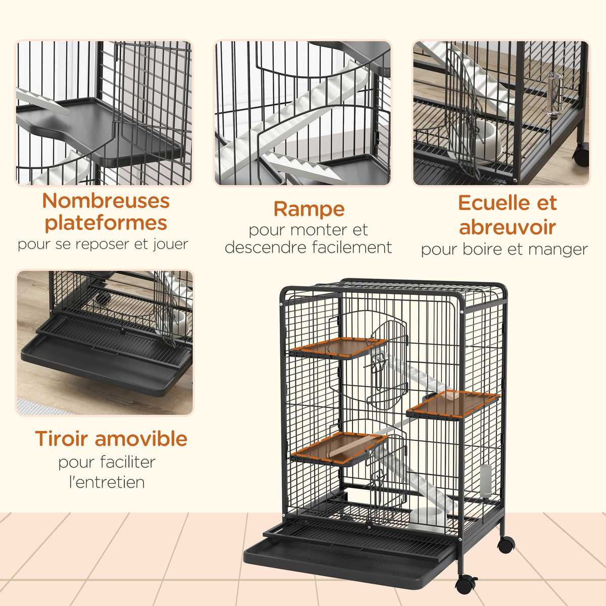 Jaula para roedores, jaula para animales pequeños con ruedas, 3 rampas, 3 plataformas, comedero y botella de agua, bandeja inferior extraíble para conejos, visones y chinchillas, acero PP, 61,5x44x95 cm, negra