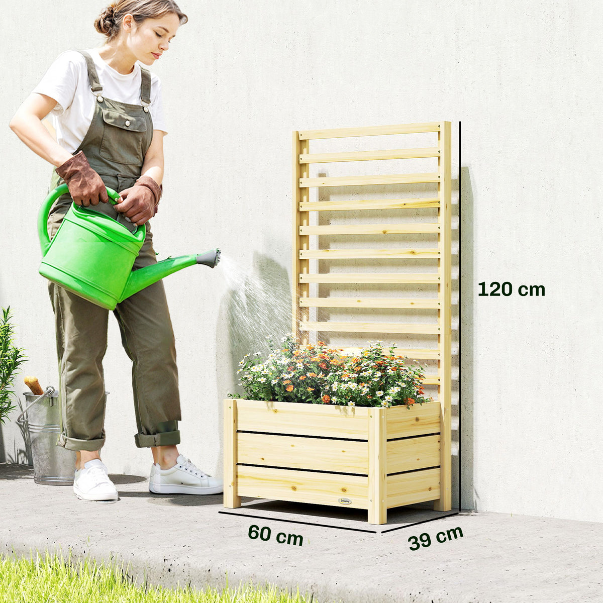 Jardinière avec treillis, bac à fleurs avec brise-vue, trou de drainage et doublure intérieure, 60 x 39 x 120 cm, bois naturel