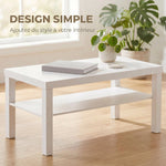 Table basse de salon, table d'appoint rectangulaire à 2 niveaux avec étagère de rangement, 90x45x44,5cm, blanc