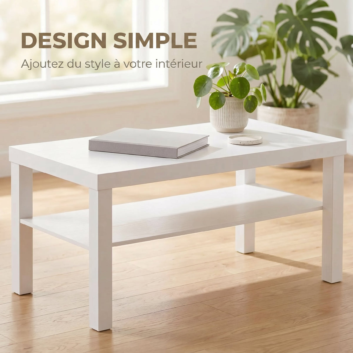 Table basse de salon, table d'appoint rectangulaire à 2 niveaux avec étagère de rangement, 90x45x44,5cm, blanc
