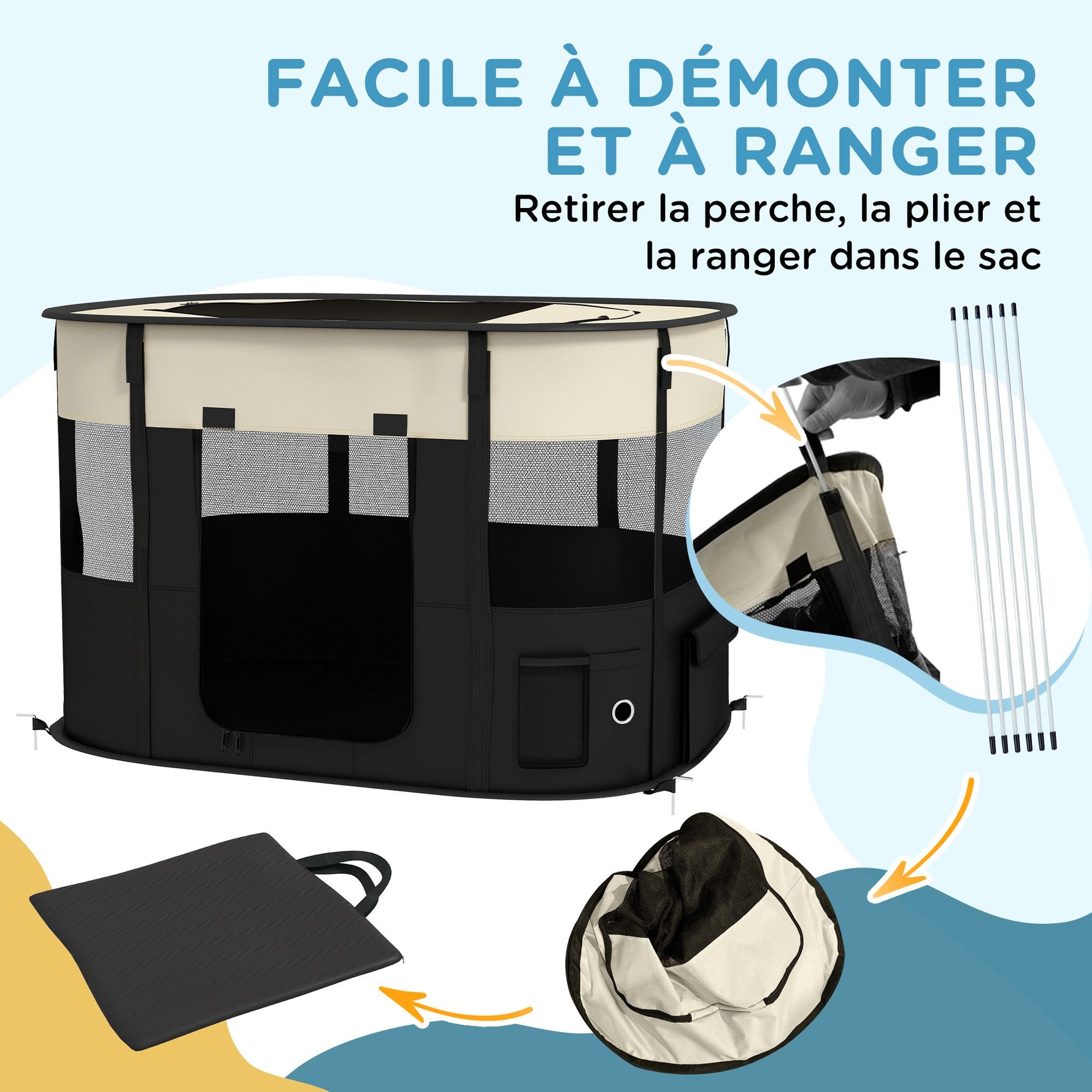 Parc enclos pliable pour chien chat petits animaux en tissu Oxford avec rangement 94 x 74 x 60 cm blanc crème et noir