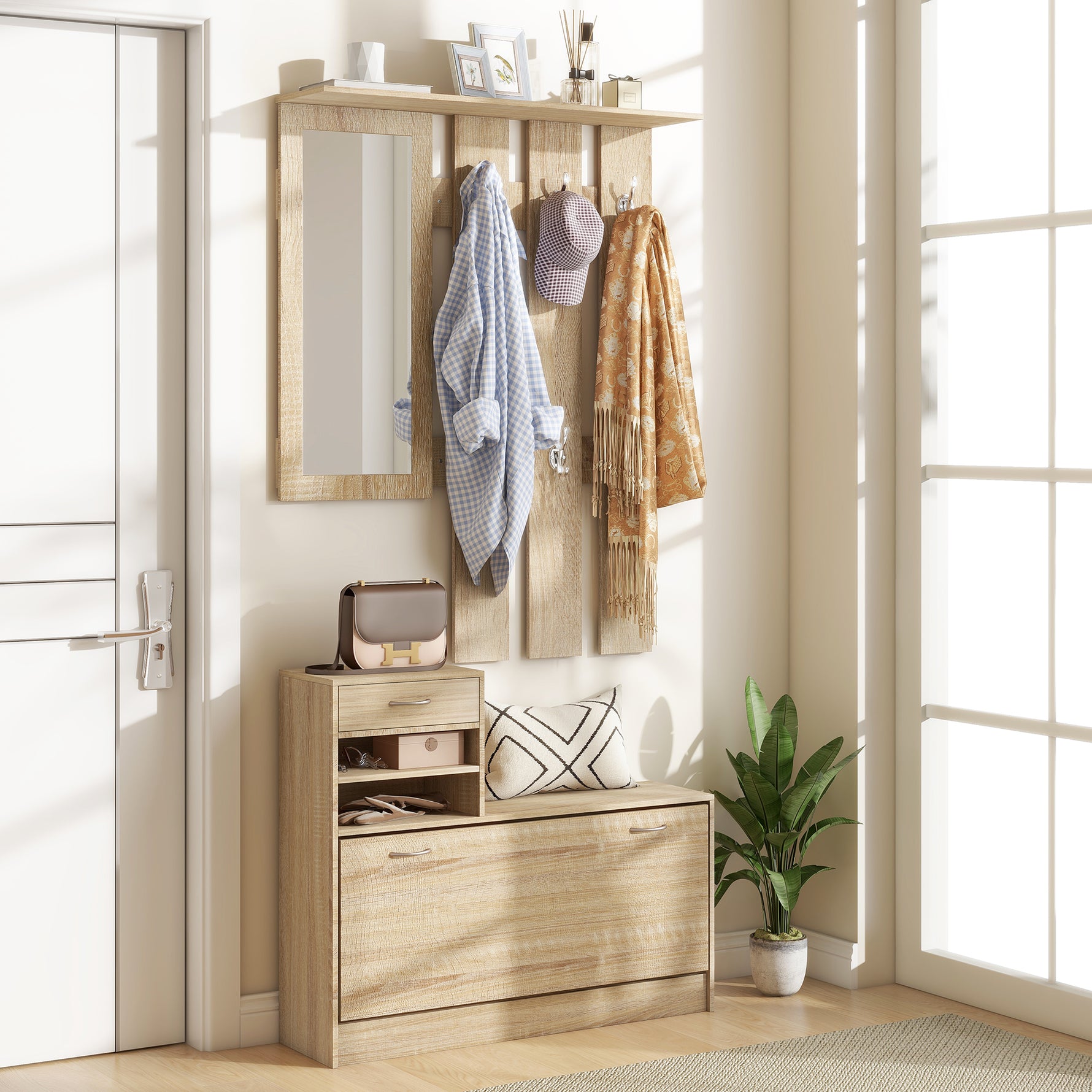 Meuble d'entrée vestiaire panneau porte-manteau, miroir et banc à chaussures - 6 crochets 90x10x91cm effet bois naturel
