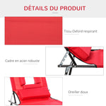 Bain de Soleil Pliable transat inclinable 4 Positions Chaise Longue 3 Coussins fournis Rouge