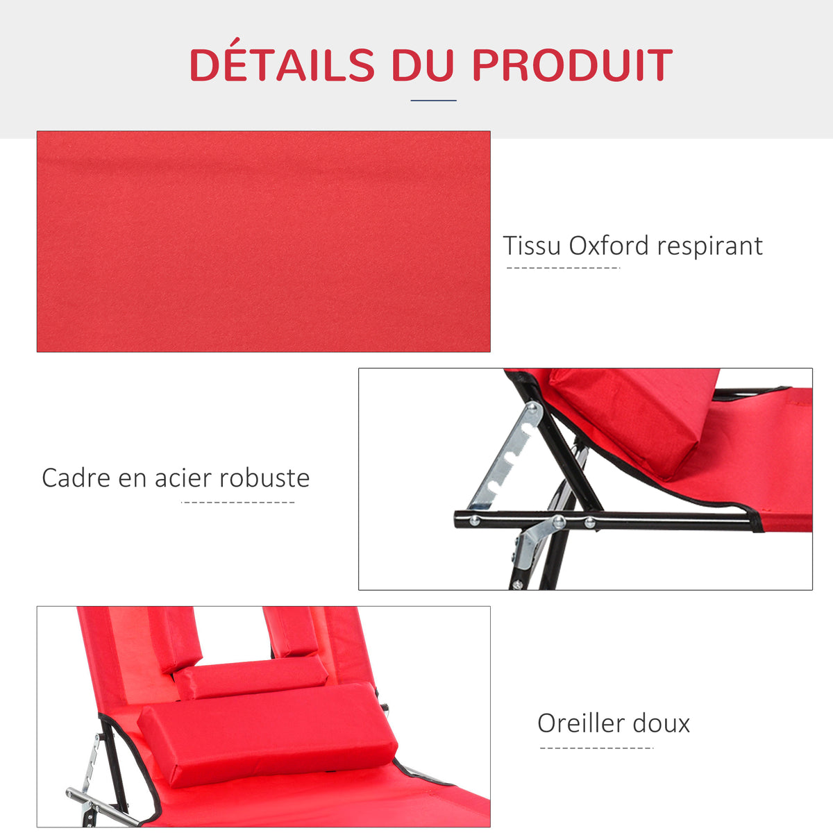 Bain de Soleil Pliable transat inclinable 4 Positions Chaise Longue 3 Coussins fournis Rouge