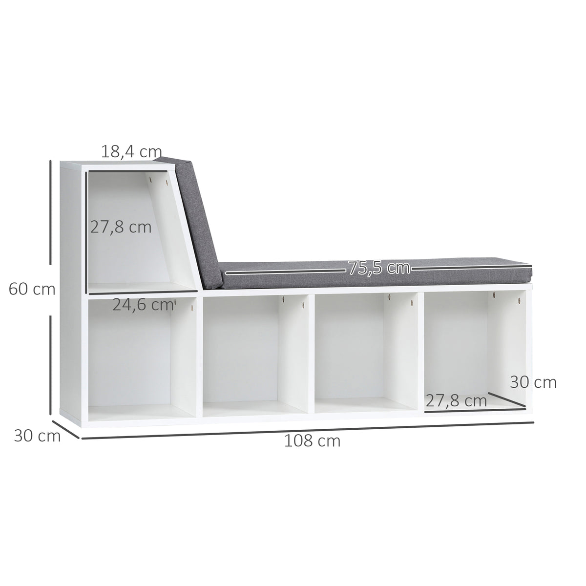 Bibliothèque banc 2 en 1 avec 5 compartiments de rangement et 2 coussins 108 x 30 x 60 cm blanc gris