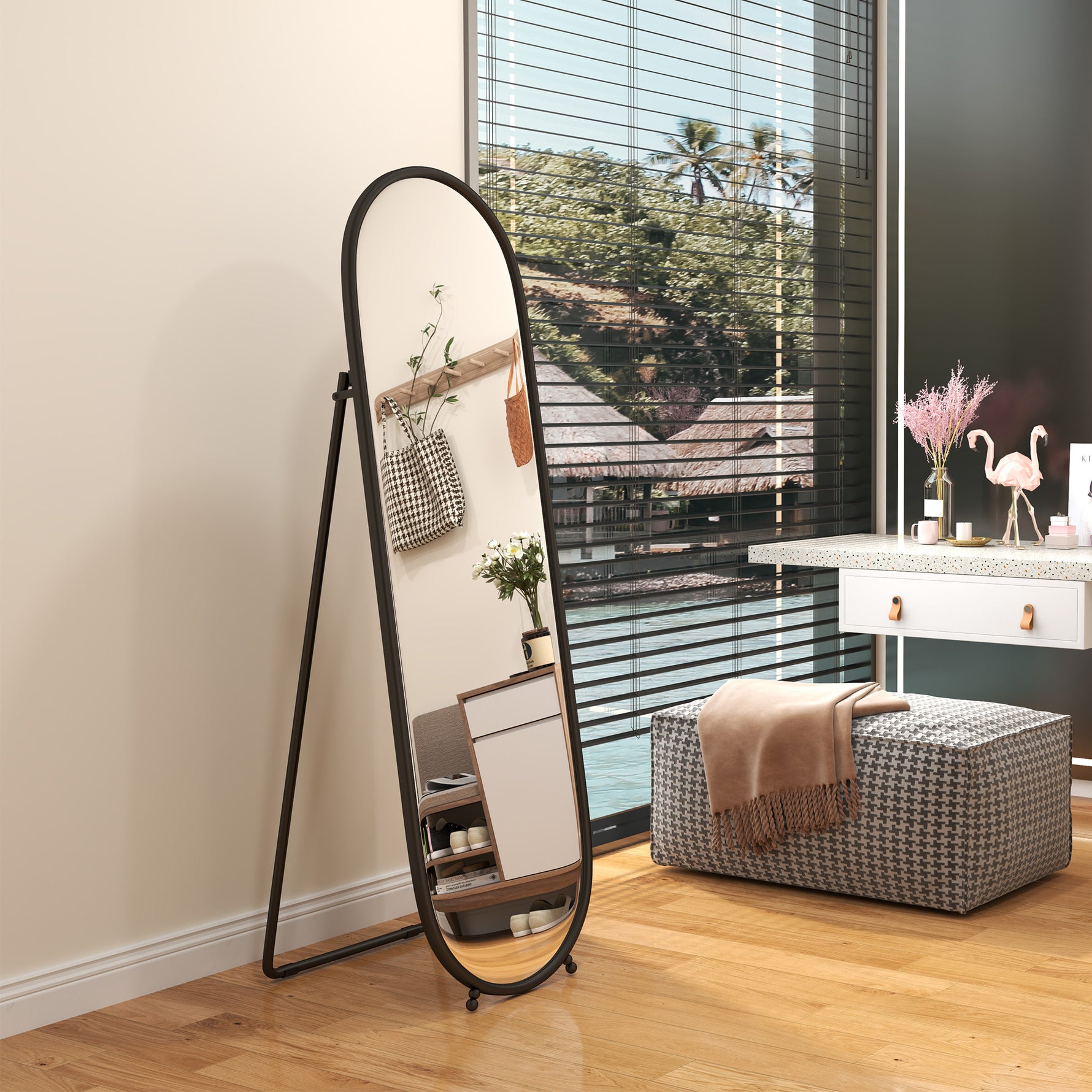 Grand miroir sur pied, miroir ovale, cadre en métal noir, avec support pour entrée, chambre, dressing, 40 x 160 cm