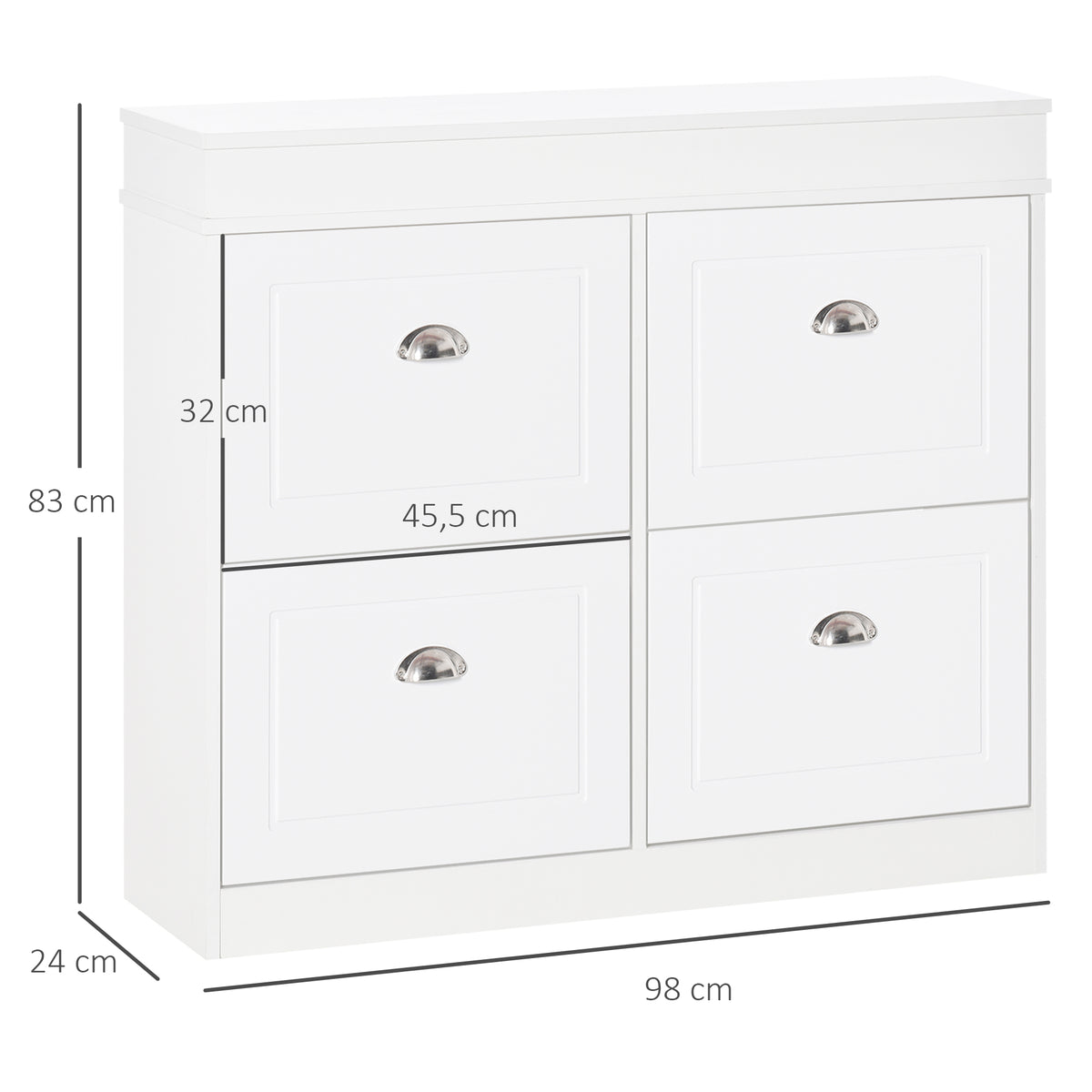 Schuhschrank Schuhkipper Schuhaufbewahrung Maße 98L x 24B x 83H cm 4 Klappfächer doppelreihig MDF Weiß