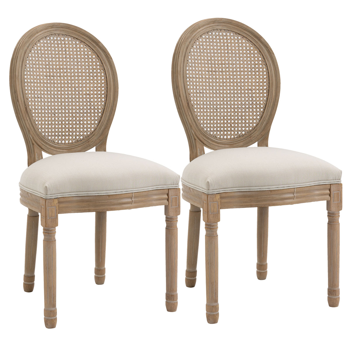 Set de 2 sillas de comedor - Silla de salón medallón estilo Luis XVI - Madera maciza tallada, patinada - Respaldo de rejilla - Aspecto lino crema