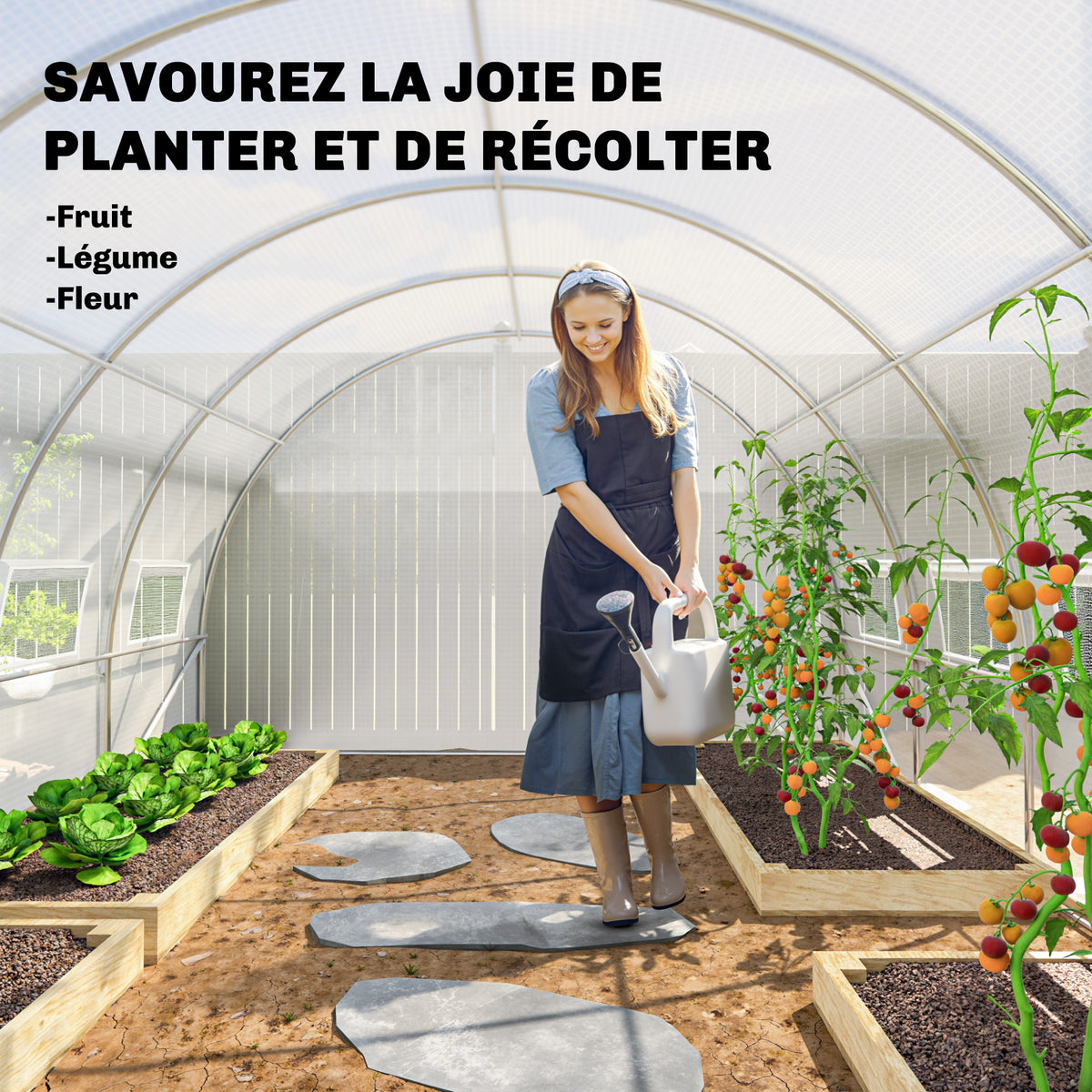 Serre de jardin tunnel 24m² 8L x 3l x 2H m - 16 fenêtres, Porte zippée enroulable acier galvanisé, bâche PE, Blanc