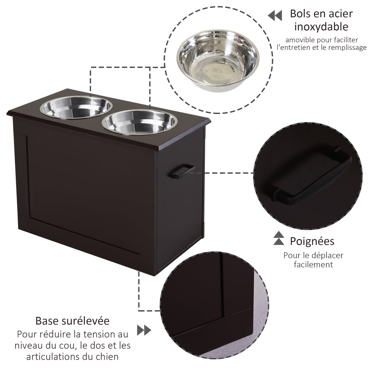 Gamelles chiens surélevées gamelle double chien chat Porte-gamelles surélevé 60L x 30l x 41H cm bois chocolat