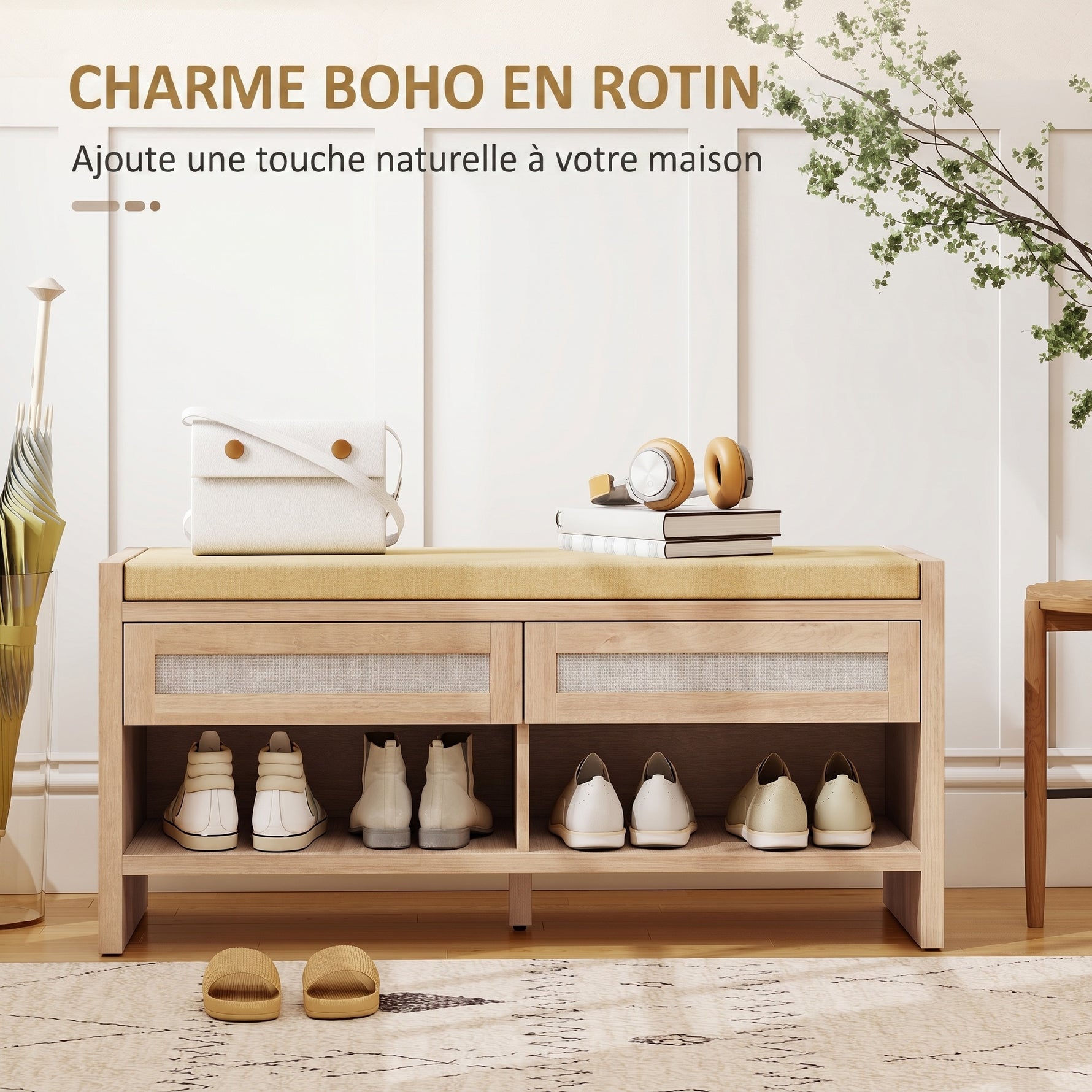 Banc chaussures entrée, banc de rangement, assise rembourrée en lin, 2 tiroirs en rotin et étagère ouverte, chêne
