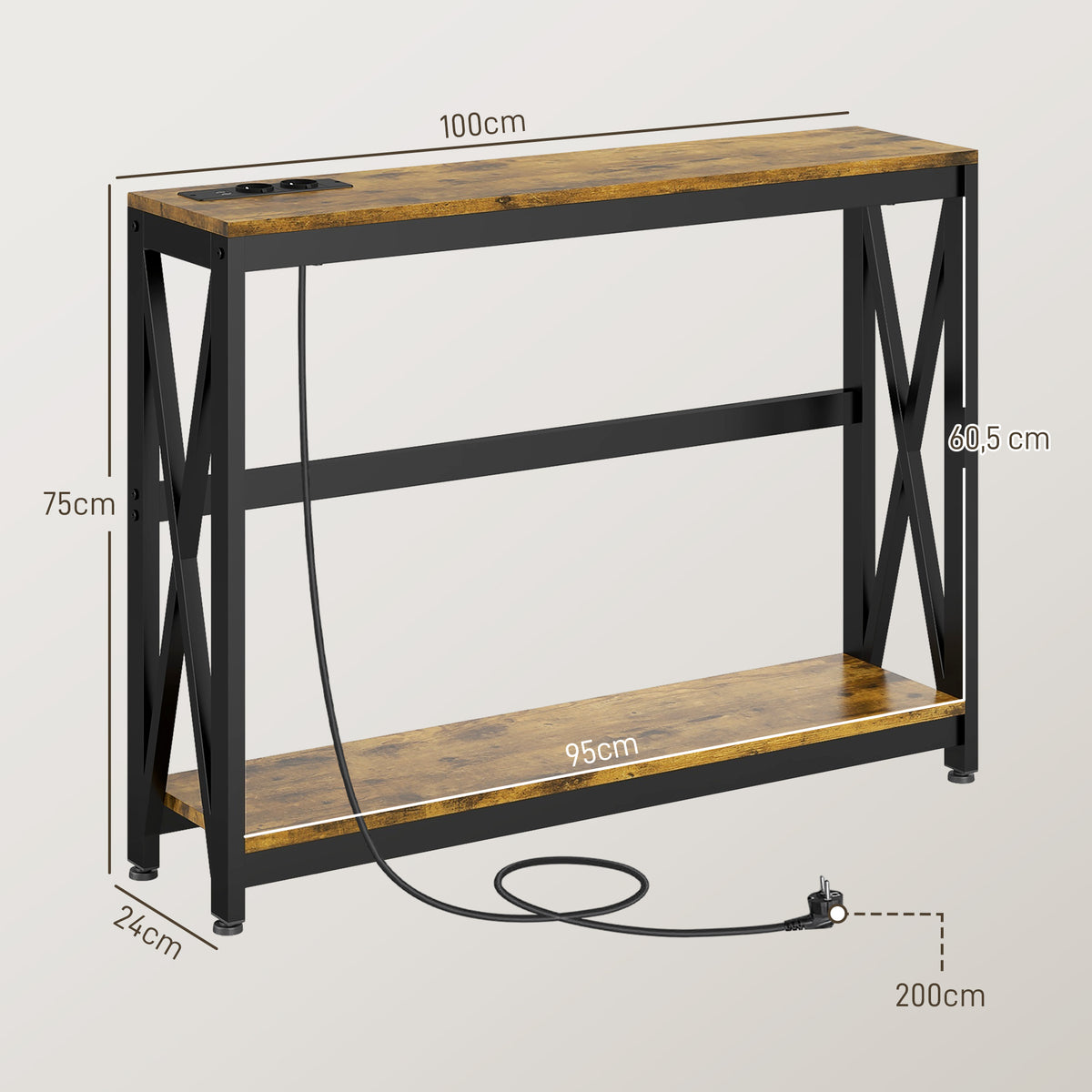 Console meuble étroite à 2 niveaux style industriel avec prises de courant et USB, 100 x 24 x 75 cm, marron