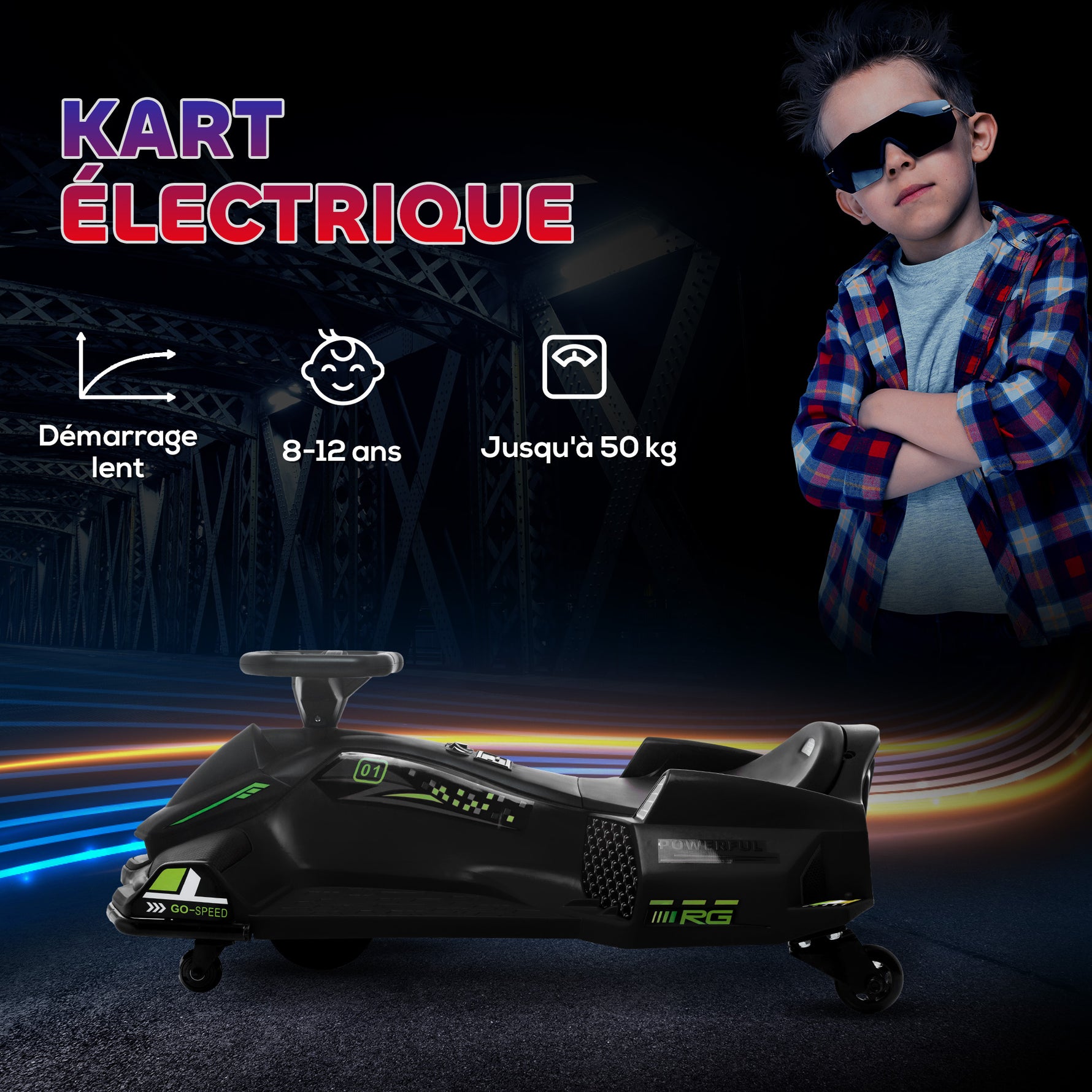 Kart électrique pour enfant 12V, karting enfant, vitesse réglable 3-8 km/h, mode de dérive, 90 x 53 x 99 cm, noir