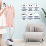 Défroisseur Vapeur Vertical Défroisseur à Vêtements 1,8 L 1800 W, Débit Vapeur 30g/min, Tige Télescopique, Blanc Violet