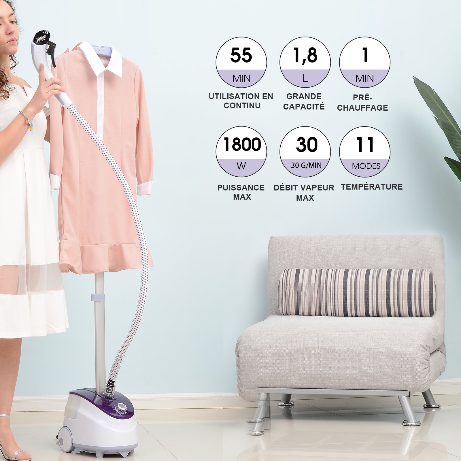 Défroisseur Vapeur Vertical Défroisseur à Vêtements 1,8 L 1800 W, Débit Vapeur 30g/min, Tige Télescopique, Blanc Violet