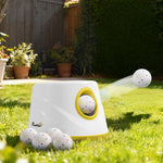Lanciatore di palline automatico per cani, 6 palline in ETPU da 5,8 cm, 3 distanze regolabili (6/10/14 m), 27x27x18,5 cm, giallo