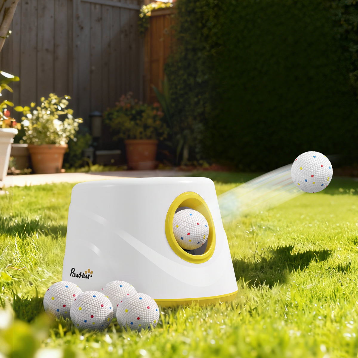 Lanciatore di palline automatico per cani, 6 palline in ETPU da 5,8 cm, 3 distanze regolabili (6/10/14 m), 27x27x18,5 cm, giallo