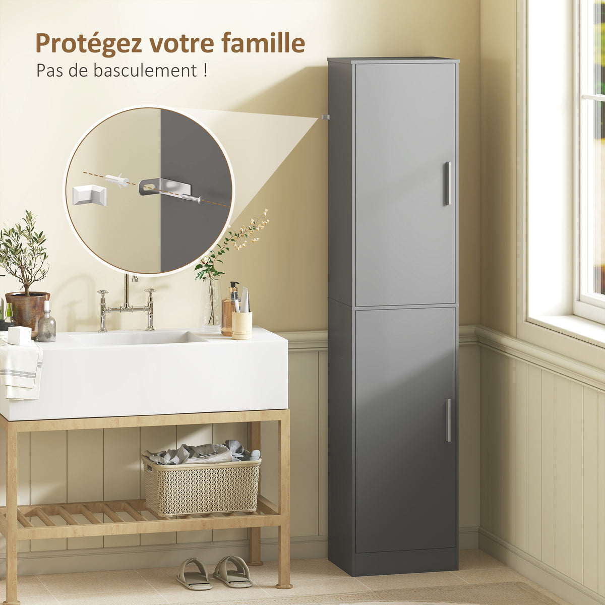 Mobile colonna per bagno con 2 ante e 4 ripiani regolabili, 40 x 35 x 180 cm, grigio